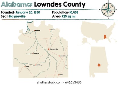 Large and detailed map of Lowndes County in Alabama.