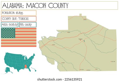 Large and detailed map of Macon county in Alabama, USA.