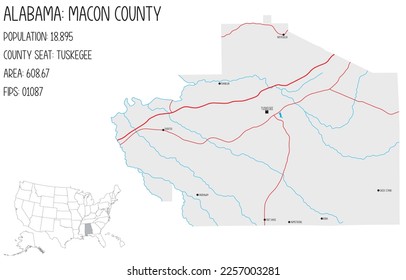 Large and detailed map of Macon county in Alabama, USA.