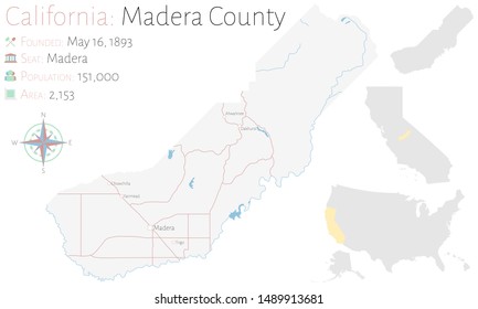 Large and detailed map of Madera county in California, USA.