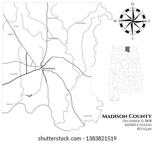 Large and detailed map of Madison county in Alabama, USA.