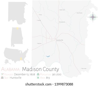 Large and detailed map of Madison county in Alabama, USA.