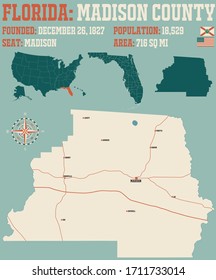 Large and detailed map of Madison county in Florida, USA.