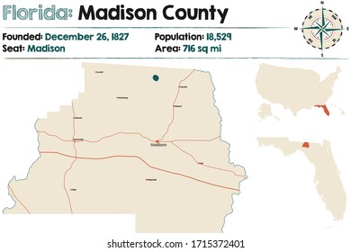 Large and detailed map of Madison county in Florida, USA.