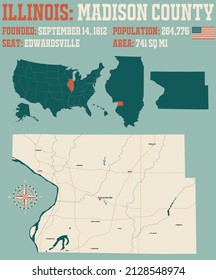 Large And Detailed Map Of Madison County In Illinois, USA.