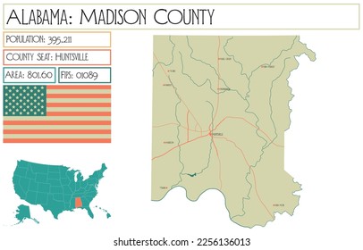 Large and detailed map of Madison county in Alabama, USA.
