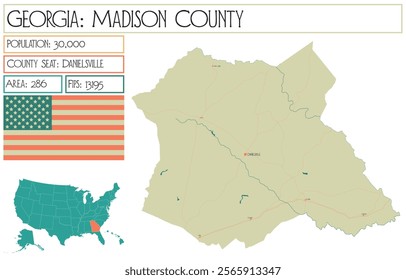 Large and detailed map of Madison County in Georgia USA.