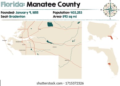 Large And Detailed Map Of Manatee County In Florida, USA.