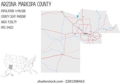 Large and detailed map of Maricopa county in Arizona, USA.