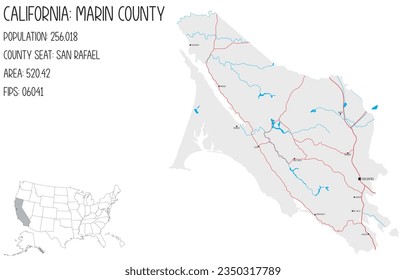 Mapa grande y detallado del condado de Marin en California, Estados Unidos.