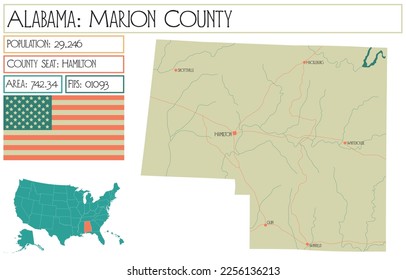 Large and detailed map of Marion county in Alabama, USA.