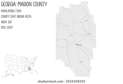 Large and detailed map of Marion County in Georgia, USA.