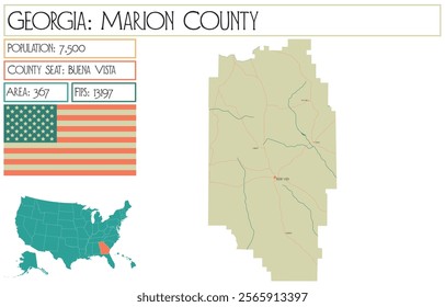 Large and detailed map of Marion County in Georgia USA.