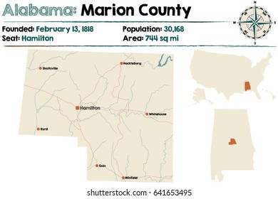 Large and detailed map of Marion County in Alabama.