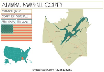 Large and detailed map of Marshall county in Alabama, USA.