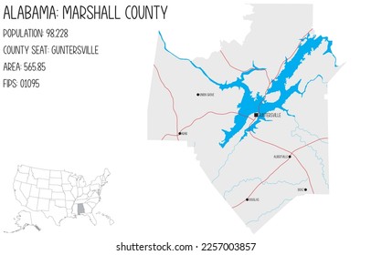 Mapa grande y detallado del condado Marshall en Alabama, EEUU.