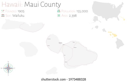 Large and detailed map of Maui county in Hawaii, USA.