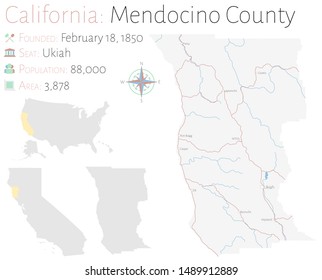 Large and detailed map of Mendocino county in California, USA.