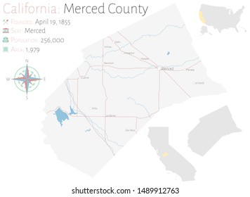 Large And Detailed Map Of Merced County In California, USA.