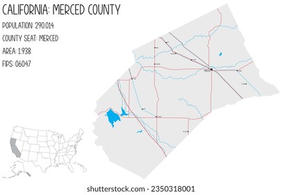 Large and detailed map of Merced County in California, USA.