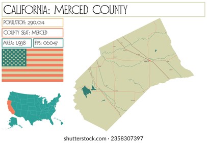 Large and detailed map of Merced County in California, USA.