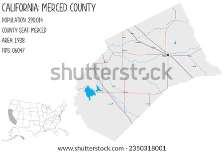 Large and detailed map of Merced County in California, USA.