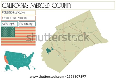 Large and detailed map of Merced County in California, USA.