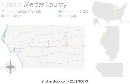 Large and detailed map of Mercer county in Illinois, USA.