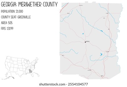 Large and detailed map of Meriwether County in Georgia, USA.