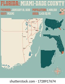 Large and detailed map of Miami-Dade county in Florida, USA.