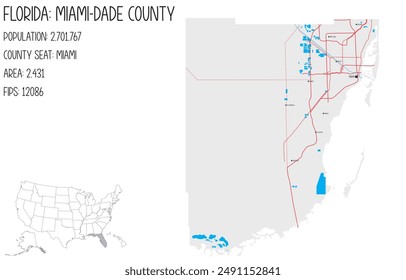 Large and detailed map of Miami-Dade County in Florida, USA.