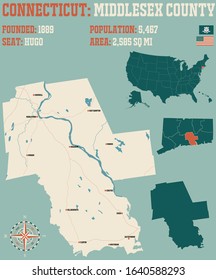 Large and detailed map of Middlesex county in Connecticut, USA.