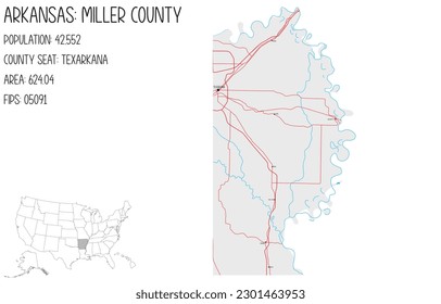 Große und detaillierte Karte von Miller County in Arkansas, USA.
