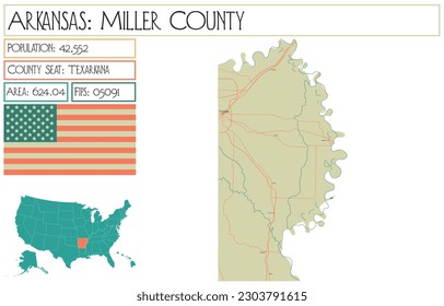Große und detaillierte Karte von Miller County in Arkansas, USA.
