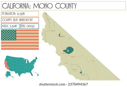 Große und detaillierte Karte von Mono County in Kalifornien, USA.
