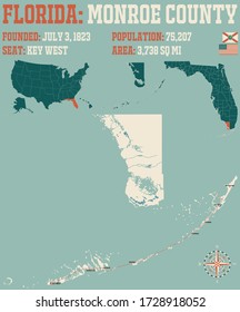 Large and detailed map of Monroe county in Florida, USA.