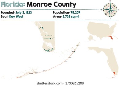 Große und detaillierte Karte des Komitats Monroe in Florida, USA.