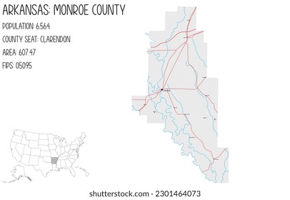 Große und detaillierte Karte von Monroe County in Arkansas, USA.