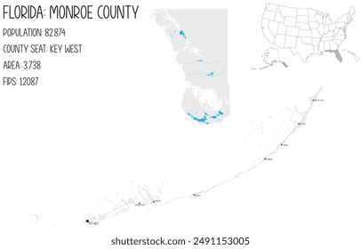 Large and detailed map of Monroe County in Florida, USA.