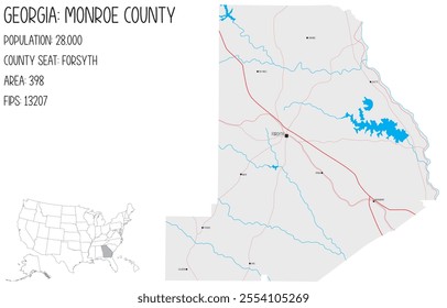 Large and detailed map of Monroe County in Georgia, USA.