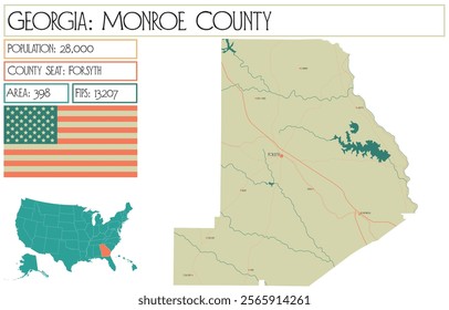 Large and detailed map of Monroe County in Georgia USA.