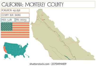 Large and detailed map of Monterey County in California, USA.