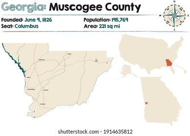 Large and detailed map of Muscogee county in Georgia, USA.