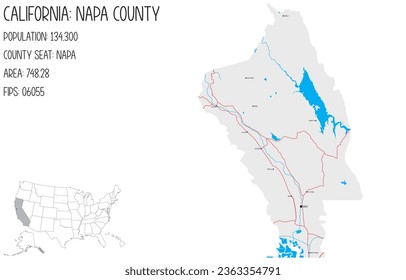 Large and detailed map of Napa County in California, USA.