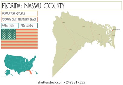 Mapa Grande y detallado del condado de Nassau en Florida, Estados Unidos.
