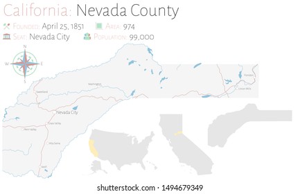 Large and detailed map of Nevada county in California, USA.