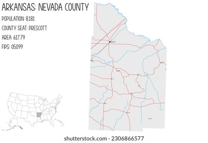 Large and detailed map of Nevada County in Arkansas, USA.