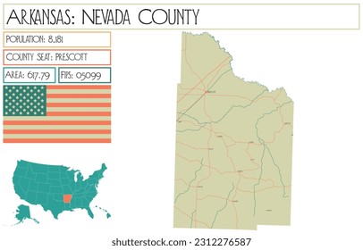 Large and detailed map of Nevada County in Arkansas, USA.