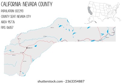 Large and detailed map of Nevada County in California, USA.