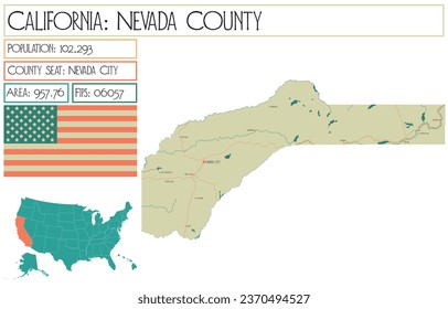 Große und detaillierte Karte von Nevada County in Kalifornien, USA.